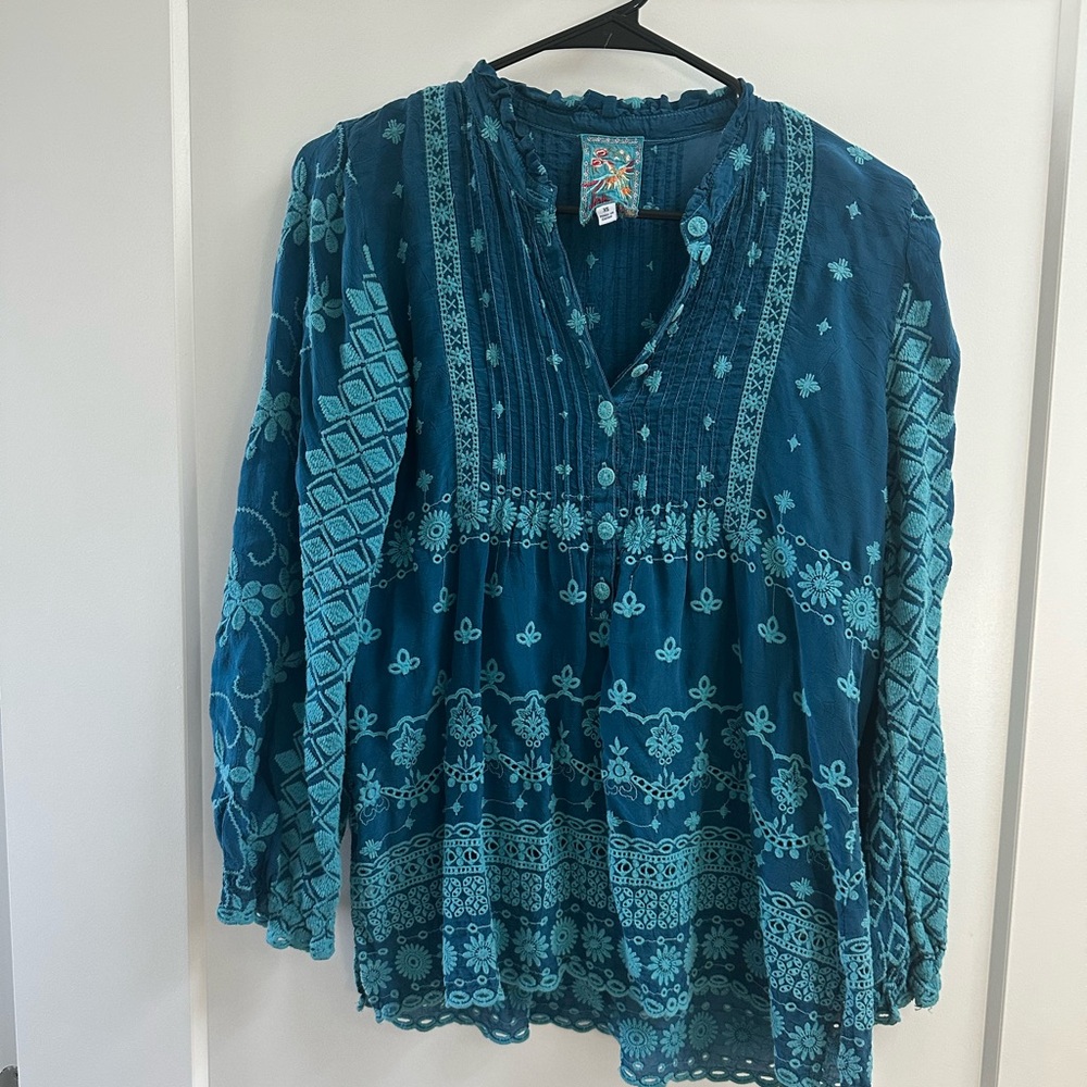 Johnny Was Embroidered  Ciaga Tamara Tunic Blouse Top Size XS Teal blue Green